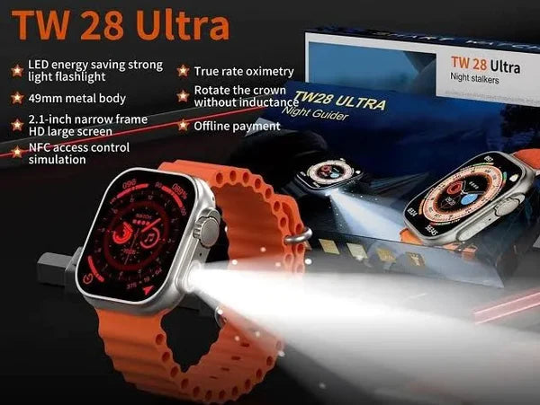 TW28 Ultra Smart Watch with LED Flashlight, BT Calling, and Heart Rate Tracking